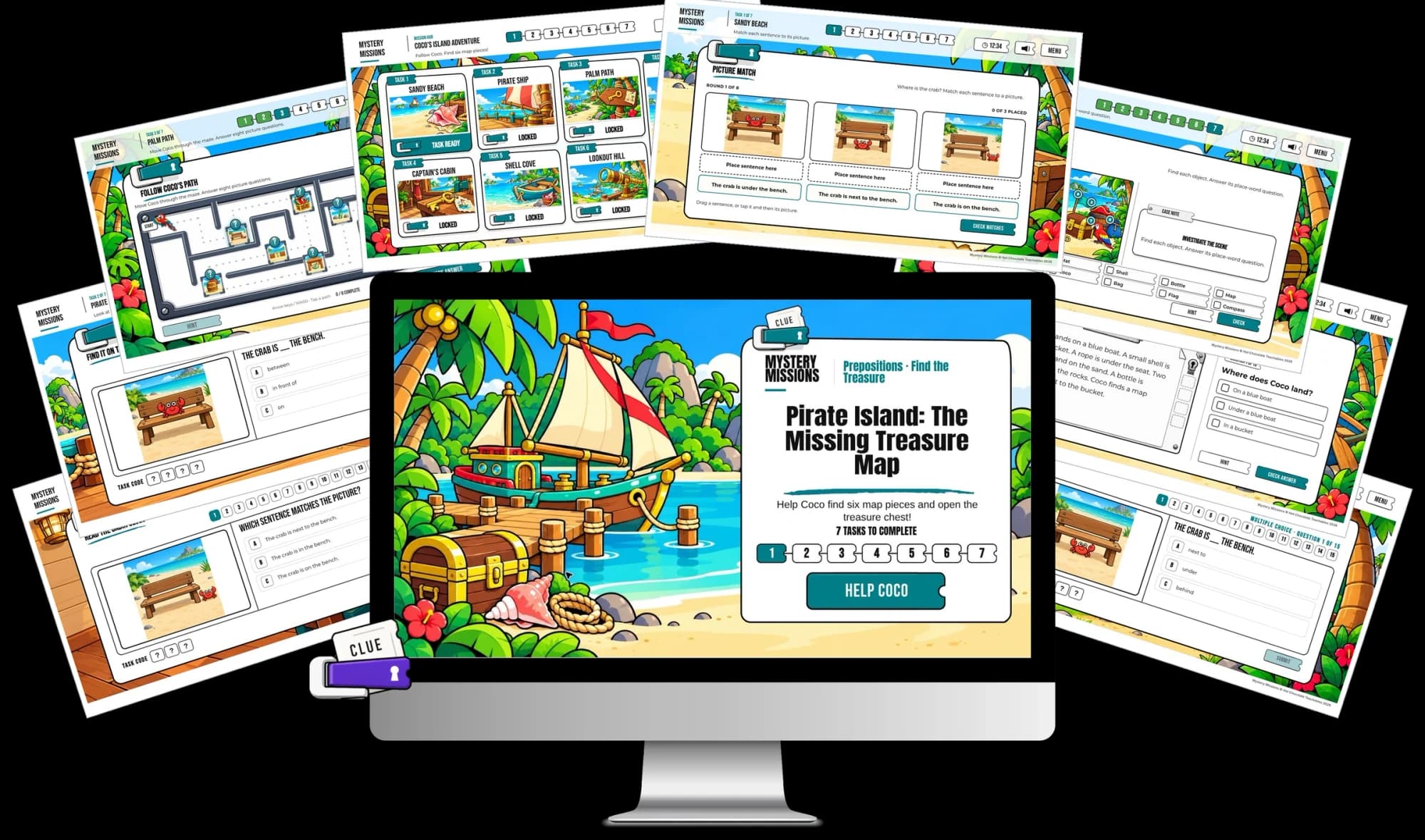 Pirate Island prepositions learning mission on a computer, with previews of illustrated classroom language activities