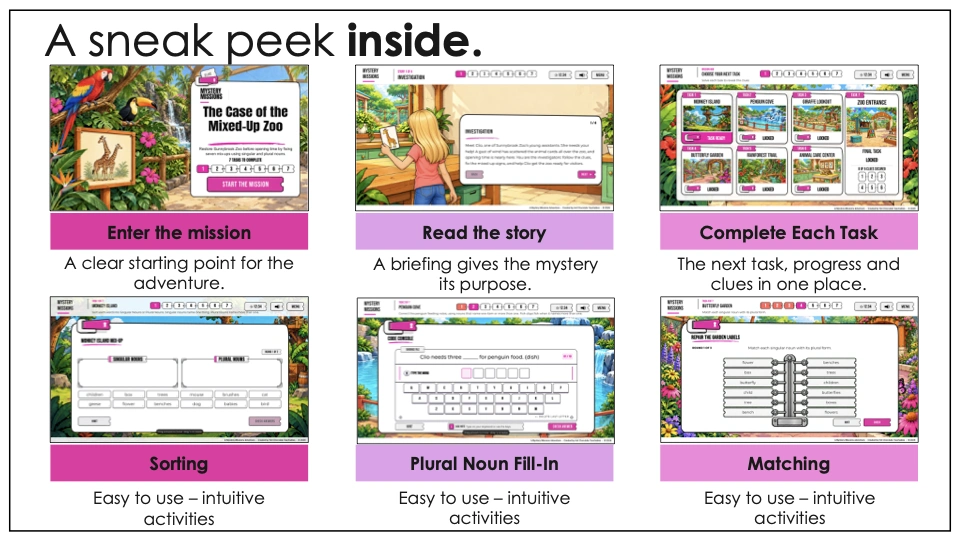 Zoo entry, story, hub, sorting, fill-in and matching activities