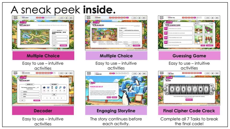 Zoo multiple-choice, guessing, decoder and story activities
